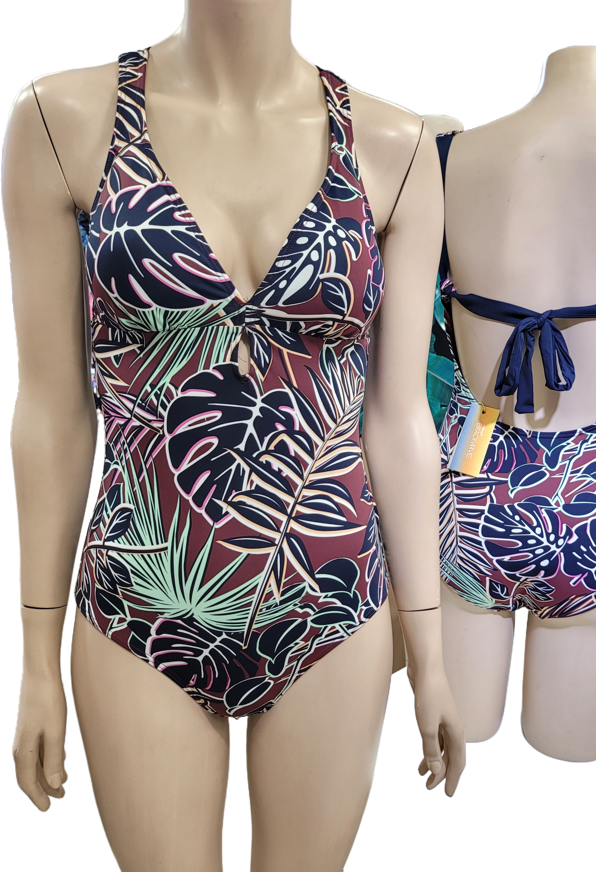 Jednodelni kupaci kostim bez zice, dezen sa teget listovima 1 Jednodelni kupaci kostim bez zice, dezen sa teget listovima