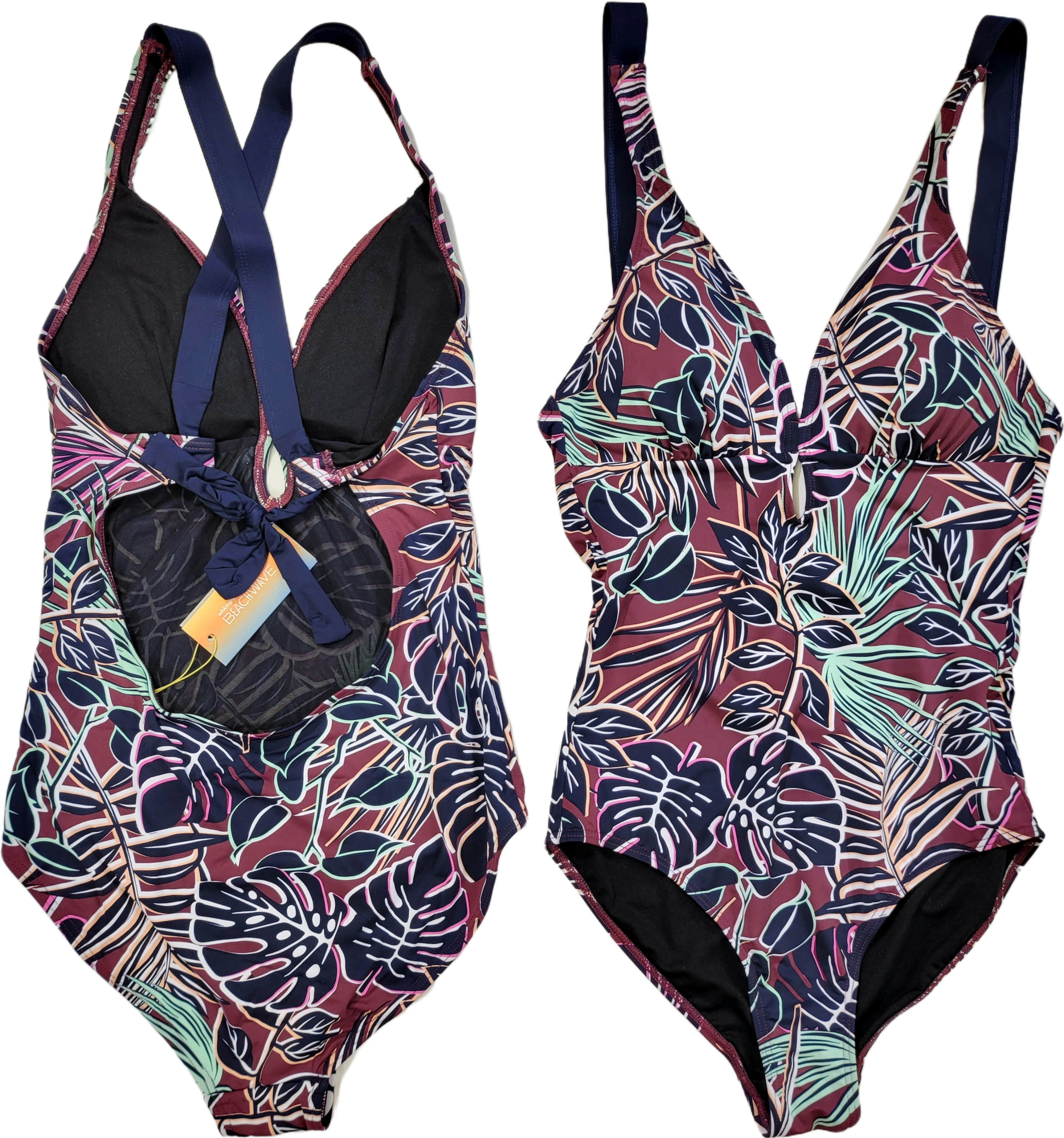 Jednodelni kupaci kostim bez zice, dezen sa teget listovima 2 Jednodelni kupaci kostim bez zice, dezen sa teget listovima - Slika 2